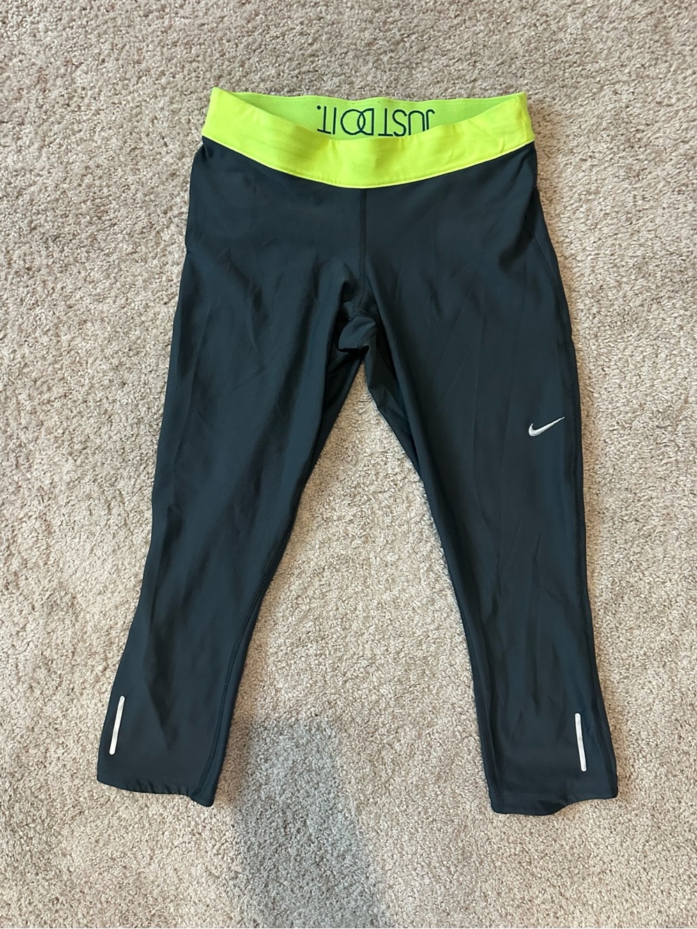 Nike Gray Capri Leggings with Neon Yellow Waistband